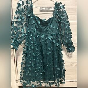 Chic Teal Long Sleeve Dress with Floral Overlay